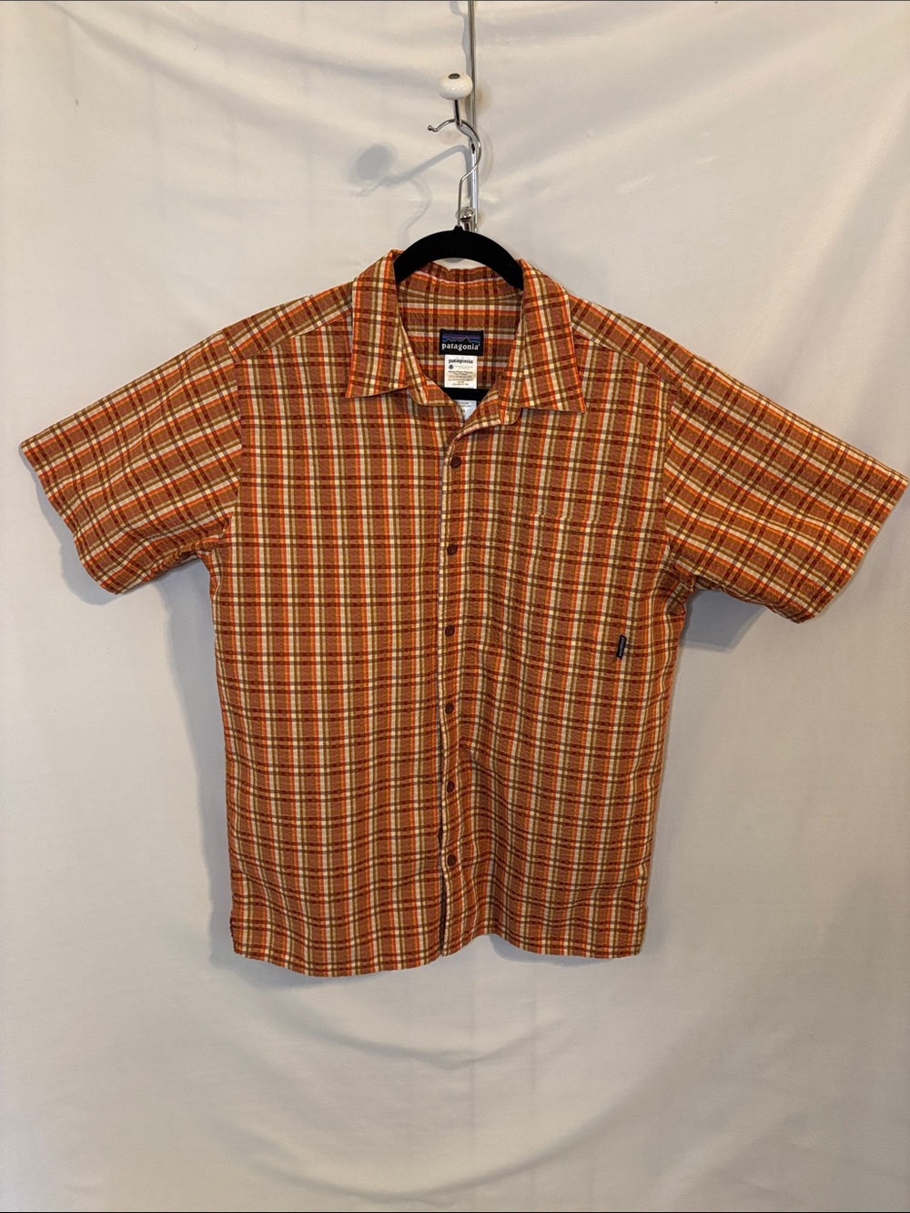 Patagonia textrued organic cotton button down shirt men's medium orange plaid